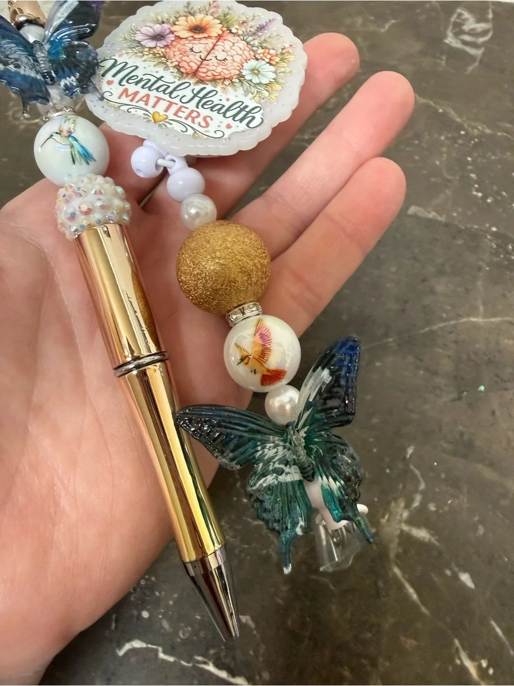 Mental Health Matters Butterfly Beaded Pen and Matching Badge Reel Set Handmade